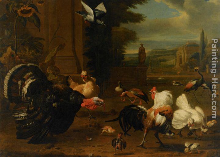 Melchior de Hondecoeter A Palace Garden with Exotic Birds and Farmyard Fowl